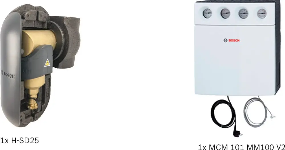 Scheibenventil von Bosch, teilweise transparent, mit einem männlichen Anschluss. Steuerungseinheit von Bosch, mit mehreren Druckanzeigen und Kabelansatz auf weißem Gehäuse.